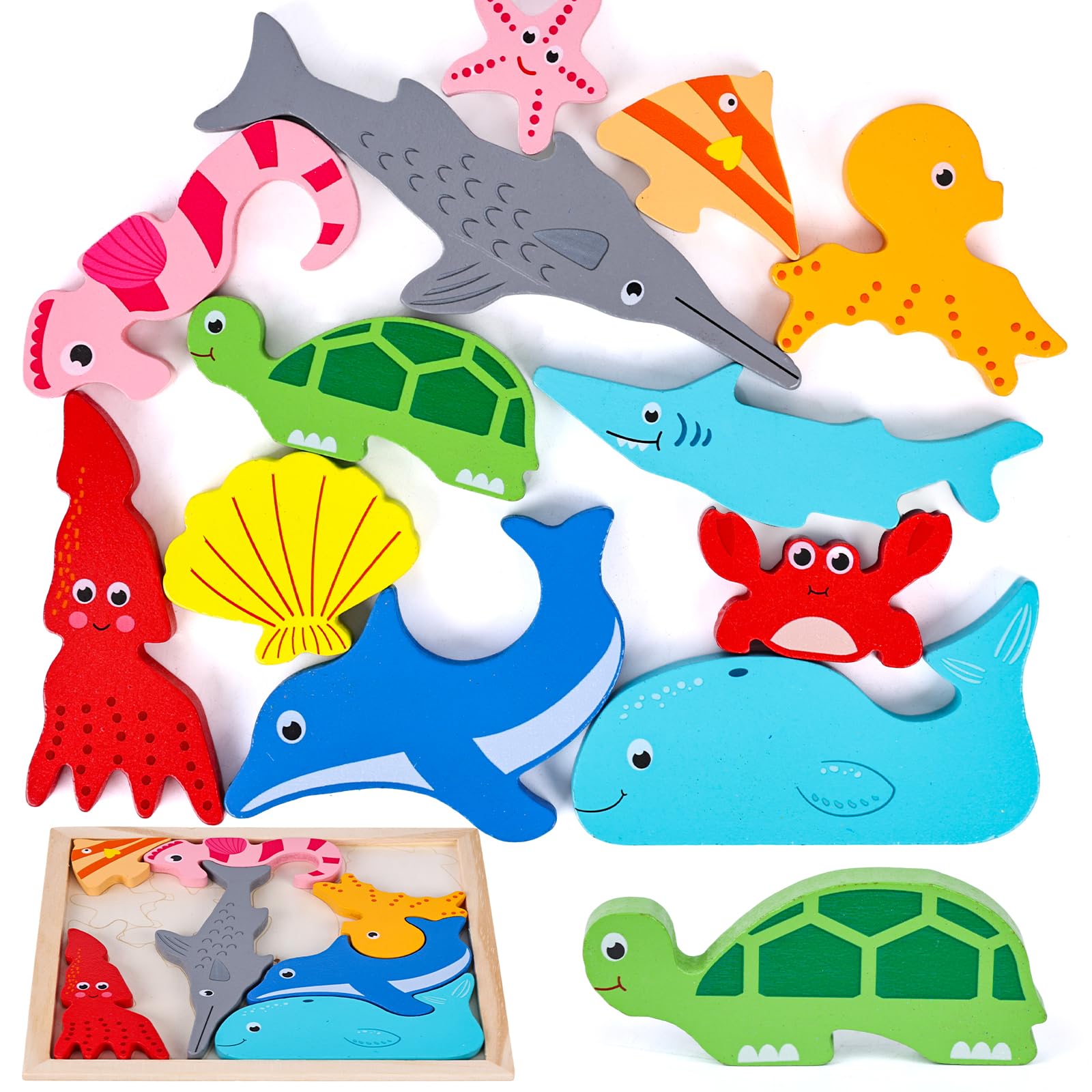 Photo 1 of LovesTown Wooden Sea Animal Stacking Puzzles, Chunky Montessori Jigsaw Toys for Kids, Educational Preschool Learning Toys, Toddler Birthday Gifts, 12 PCS