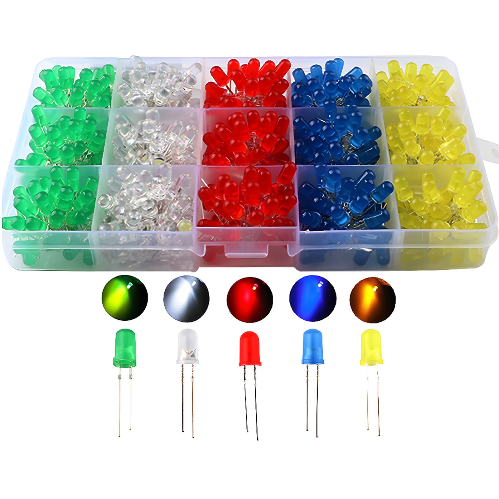 CESFONJER 500pcs x 5mm Light Emitting Diode, Diffused 2pin Round Color White/Red/Yellow/Green/Blue Kit Box (5 colors x 100pcs)