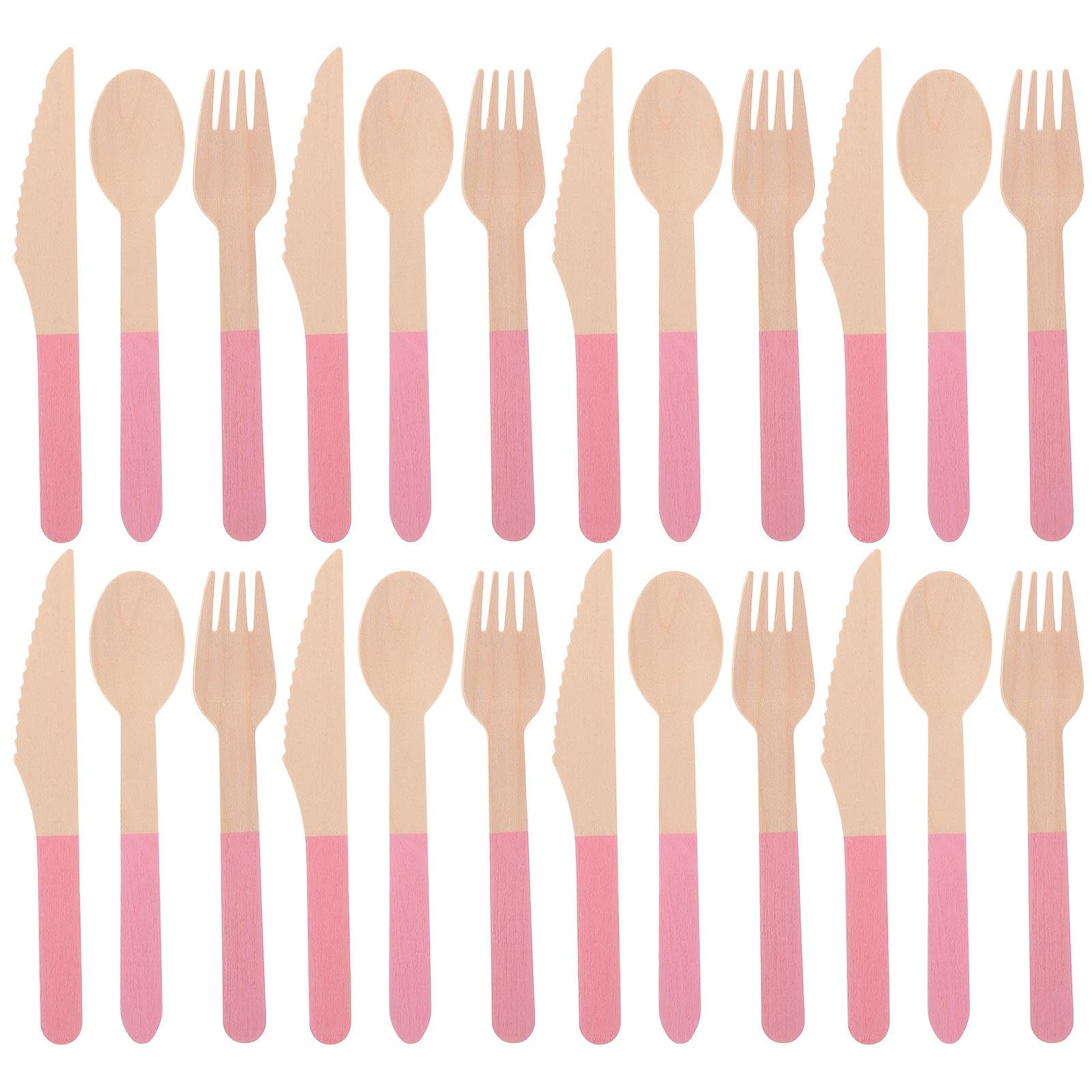 Photo 1 of PRETYZOOM Disposable Wood Cutlery Set, 24pcs Pink Flatware Including Spoons, Forks, Knives, Pink Utensils Set for 8, for Girls Birthday, Baby Shower, Tea Party, Outdoor Picnic