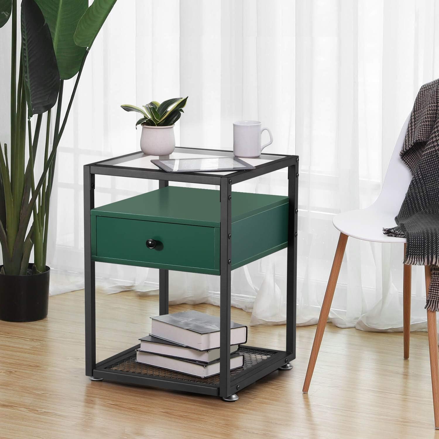 VECELO Nightstand, Tempered Glass End Table, Cabinet with Drawer and Rustic Shelf Decoration in Living Room,Bedroom,Lounge, Green: Home & Kitchen