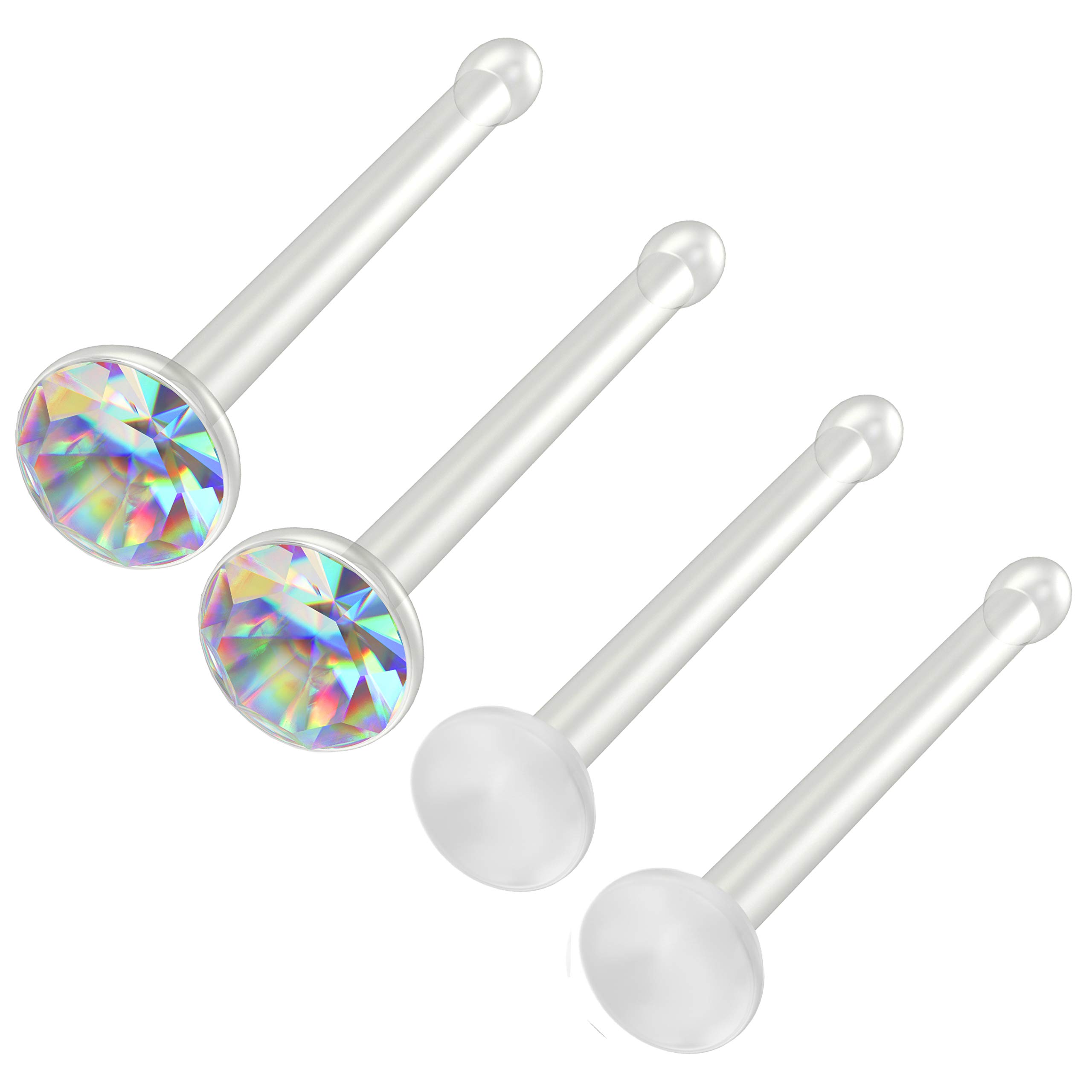 Bling Piercing 4pc 0.8mm 20g 0.8mm Nose Stud Bone Straight Bar Nostril Ring Surgical Steel 2.5mm Crystal AB Bioflex Stud Retainer Keeper