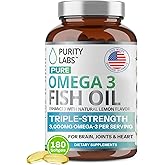 Purity Labs Omega 3 Fish Oil 3000mg – DHA & EPA Omega 3 Fatty Acid Supplements to Support Heart and Brain Health - Immune Support Supplement - 180 Softgels (60 Servings)