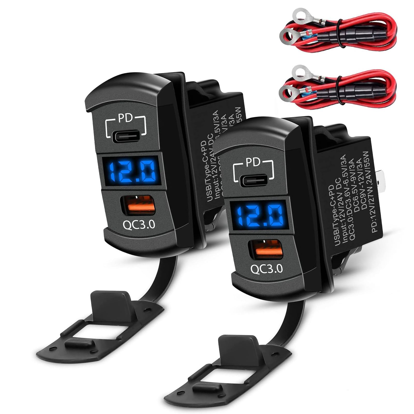 Unifizz 2 Pcs 12V USB Outlet, Rocker Switch 55W PD Type-C Charger Socket & 36W Quick Charge 3.0 USB Adapter, Waterproof for Car Boat Marine Vehicle Truck Golf Cart RV