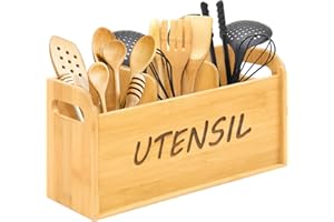 SPOPSOOD Bamboo Kitchen Utensil Holder for countertop, Larger cooking utensil holder kitchen counter (3 Compartment with Removable front bezel)