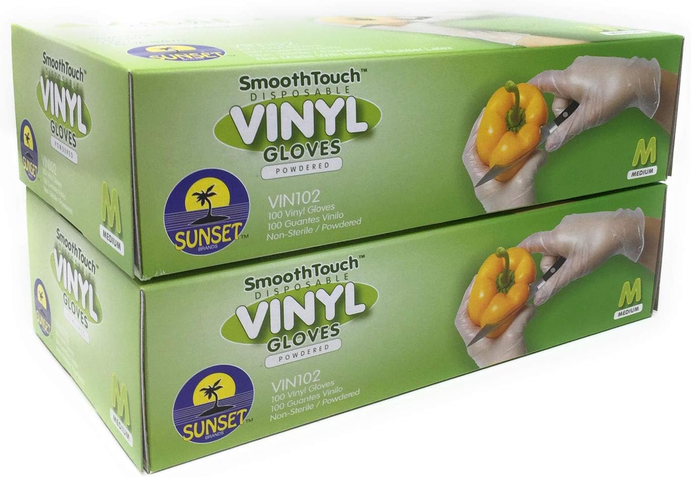 Sunset Brands200 Powdered Disposable Vinyl Gloves, Non-Sterile, Easy Slip On/Off, Smooth Touch, Food Service Grade, Medium Size [2x100 Pack]