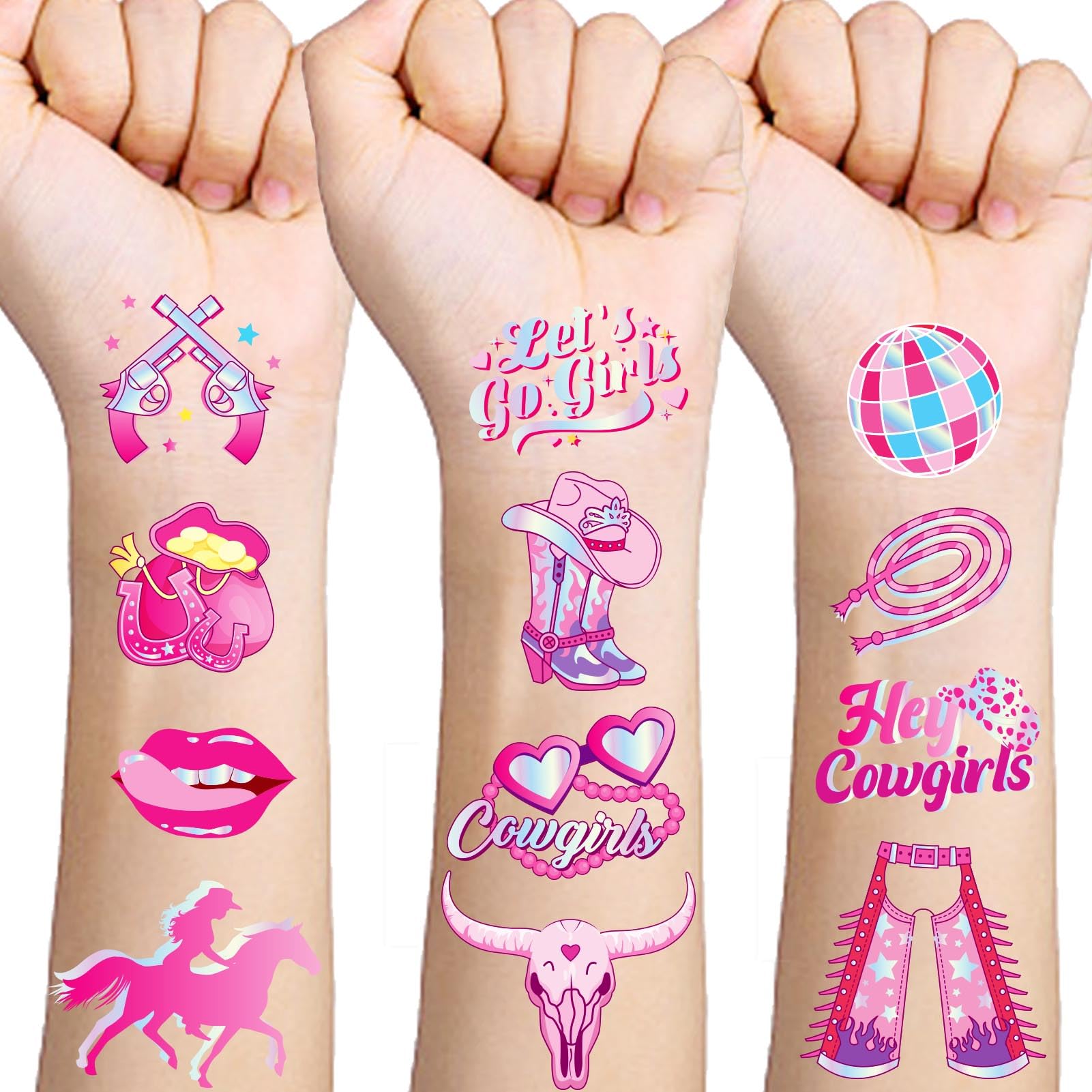 Qpout 144pcs Glitter Cowgirl Temporary Tattoos Decorations Western Pink Disco Horse Rodeo Yeehaw Face Fake Tattoos,Pink Cowgirl Temporary Tattoos Bachelorette Let's Go Girls Party Supplies