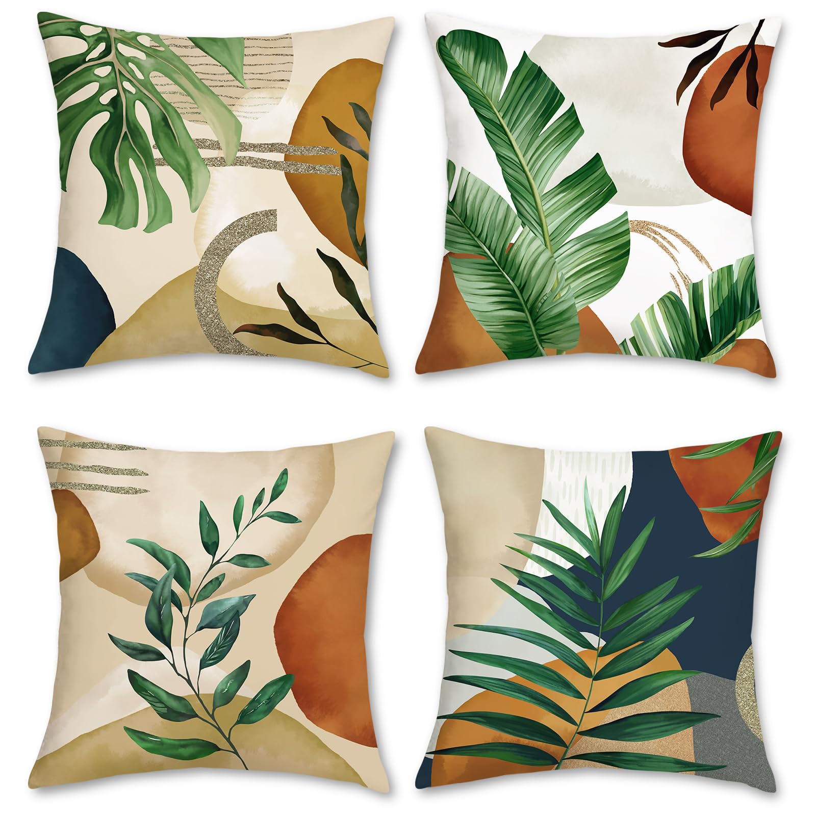 Bonhause Boho Leaves Cushion Covers 45 x 45 cm Modern Green Tropical Leaf Decorative Throw Pillow Covers for Sofa Garden Patio Home Spring Decor Set of 4