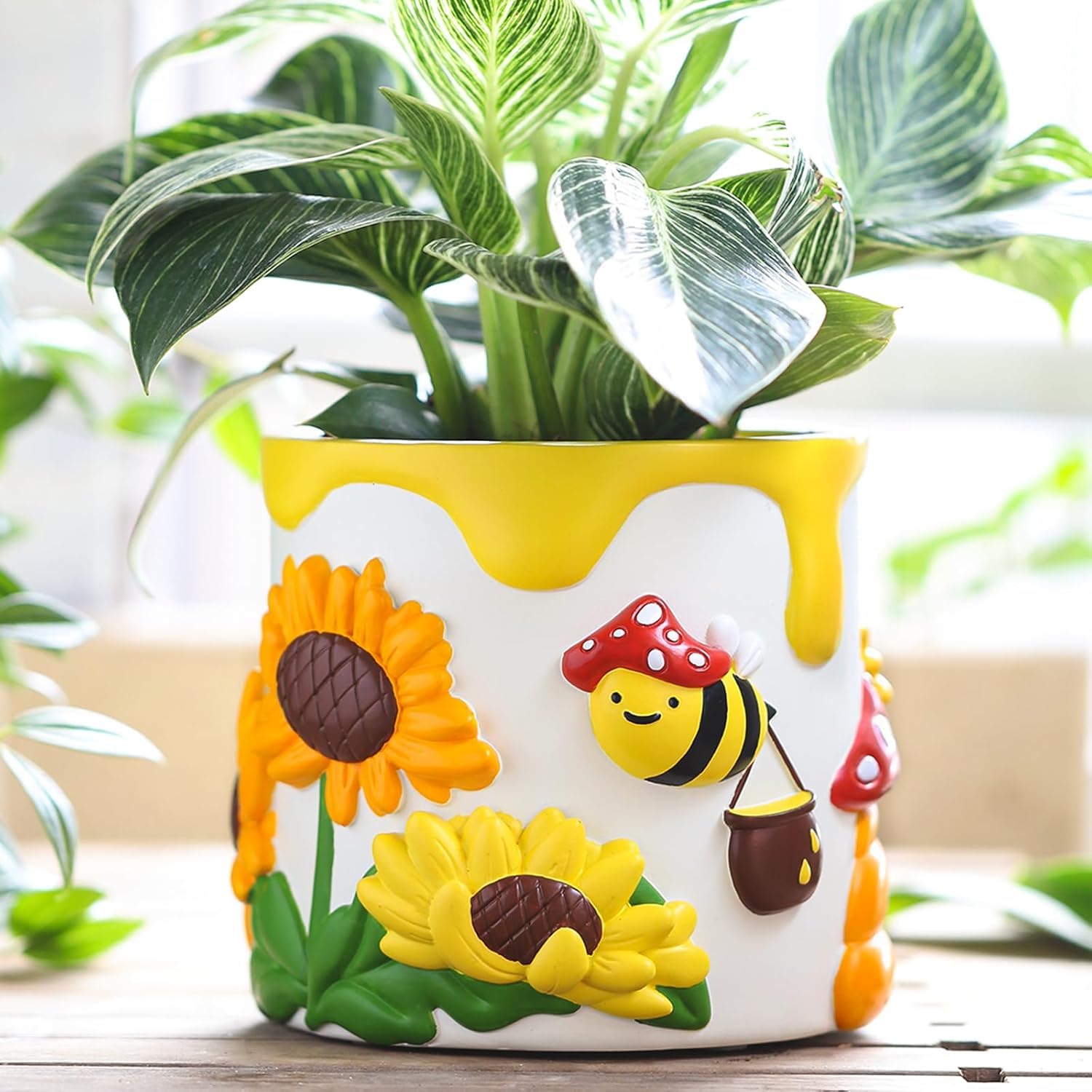 AmiCera Colourful Bee Sunflower Plant Pots, Cute Unique Flower Pot for Indoor plants, Rainbow Small Mushroom Succulent Planter Pot with Drainage, Funny Eclectic Garden Gifts for Plant Lovers, White