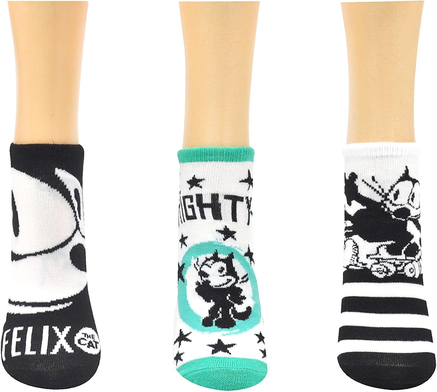 Felix the Cat Lowcut Socks (3 Pair) - Classic Cartoon Kitty - Entertainment Film Socks