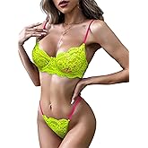 Lilosy Sexy Underwire Push Up Scallop Floral Lace Sheer Lingerie Set for Women Bra and Panty 2 Piece