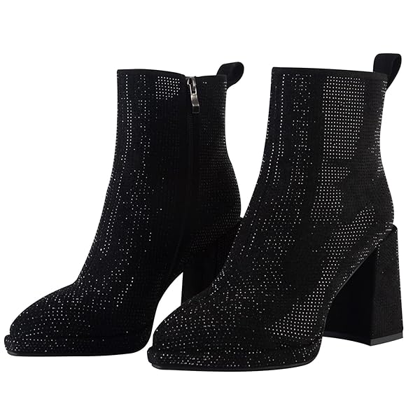 STEFANIYA NINA WOMEN’S RHINESTONE ANKLE BOOTS CHUNKY HEELS SPARKLY BOOTIES LADIES ZIPPER PARTY PROM BOOTIES