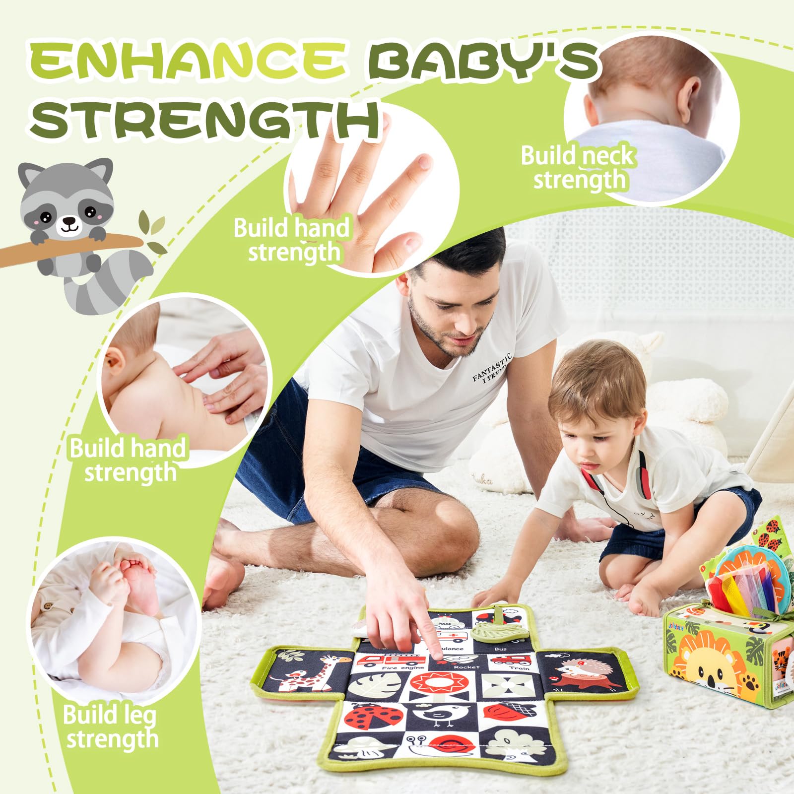 Jollybaby High Contrast Baby Tissue Box Toy for Baby 6-12 Months, Montessori Sensory Learning Toys for 1 Year Old Infant with Teether Crinkle Paper, Tummy Time Mirror Toys for Newborn Gift, Green
