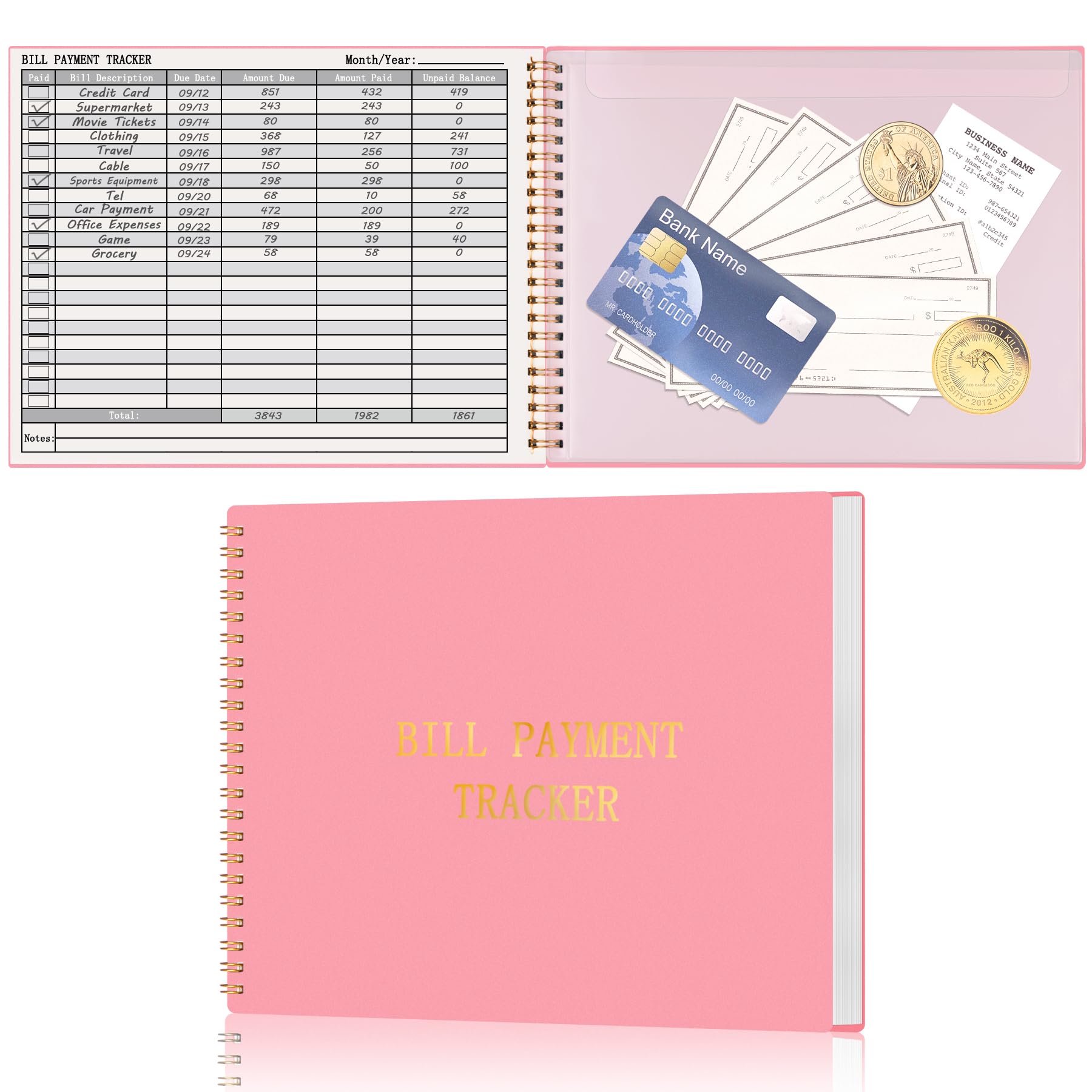 HAUTOCO Bill Payment Tracker: Bill Tracker Notebook for Financial Budgeting, Monthly Bill Payment Organiser Log Book for Small Business & Personal Expenses - 120 Pages, Pink