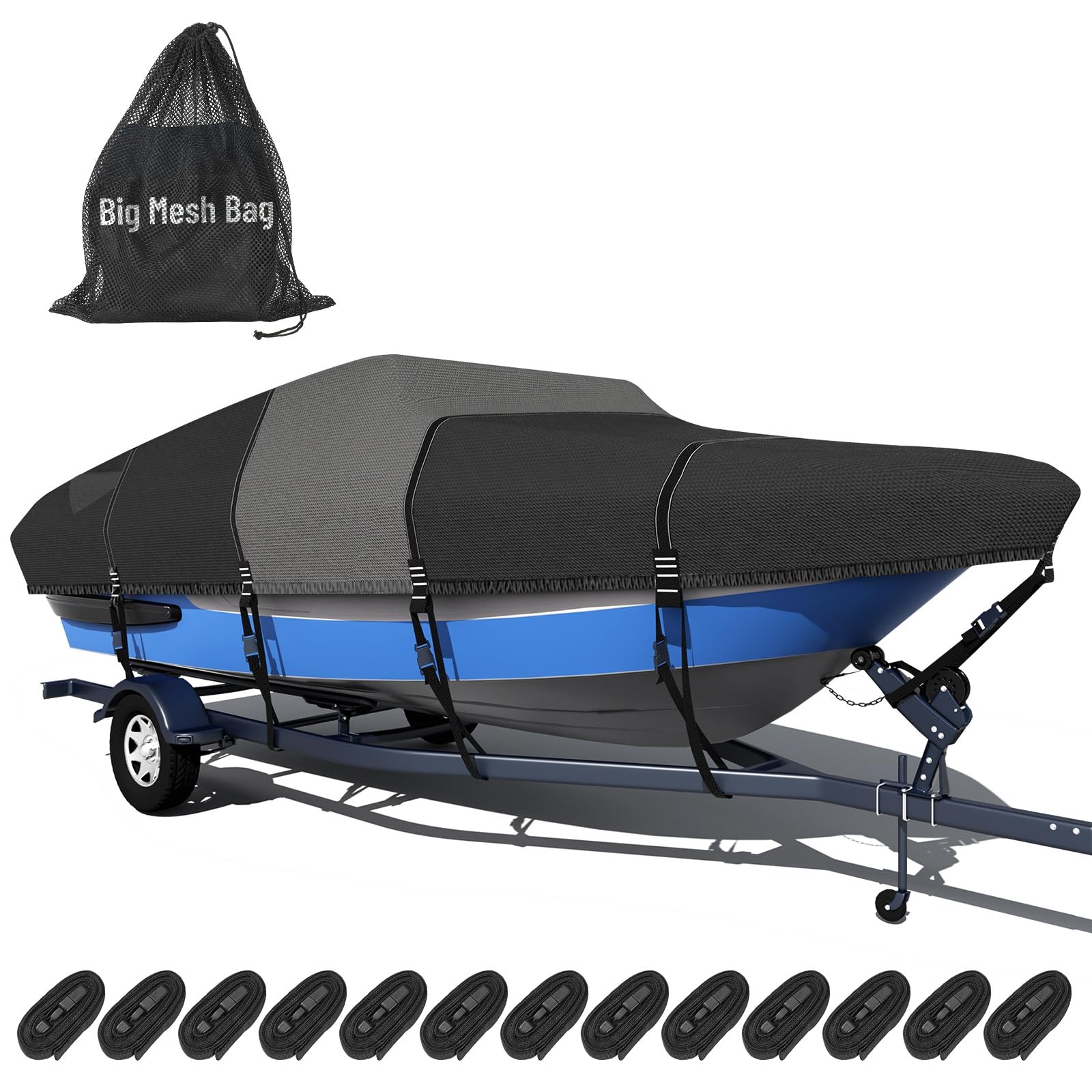 Photo 1 of 1600D + 1200D Boat Cover with 2" Wide Loops for Trailering and Mooring - Ultra Durable Waterproof Fits 22-24ft Tri-Hull, V-Hull, Runabout, Fish & Ski Boat, Bass Boat, with Storage Bag