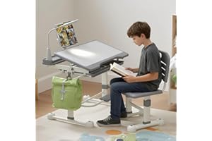 JMGJOY Desk and Chair Set, Functional Height-Adjustable Study Table and Chair with Tilt Desktop & 3 Brightness LED Light & Bookstand & Storage Drawer for School and Home, Gray