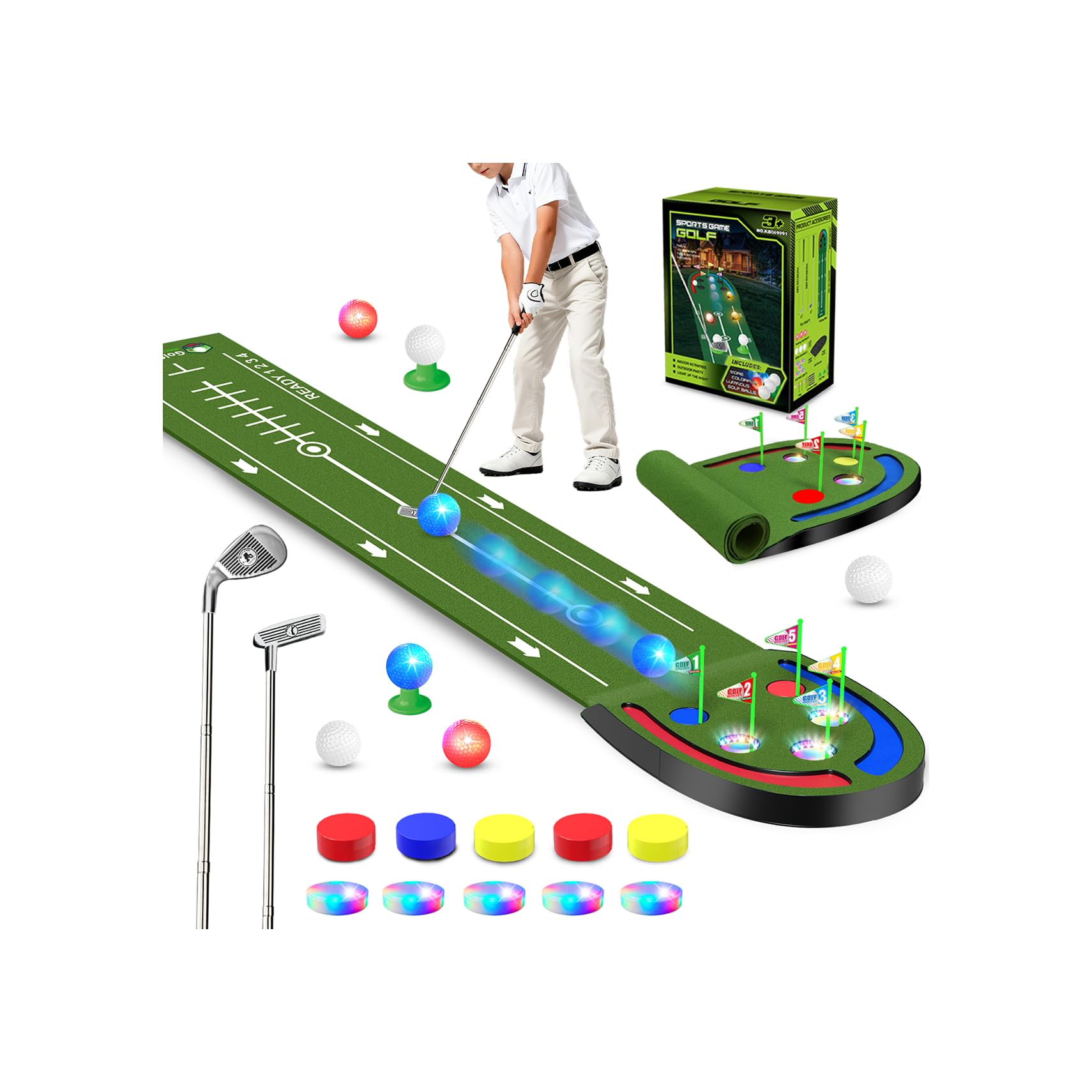 VATOS Golf Putting Mat Indoor for Kids - Golf Game Set with LED Balls, Glow Holes, Irons & Putters, Portable Putting Green Outdoor for Home Backyard Party, Golfs Toy Gifts for Kids 6-14