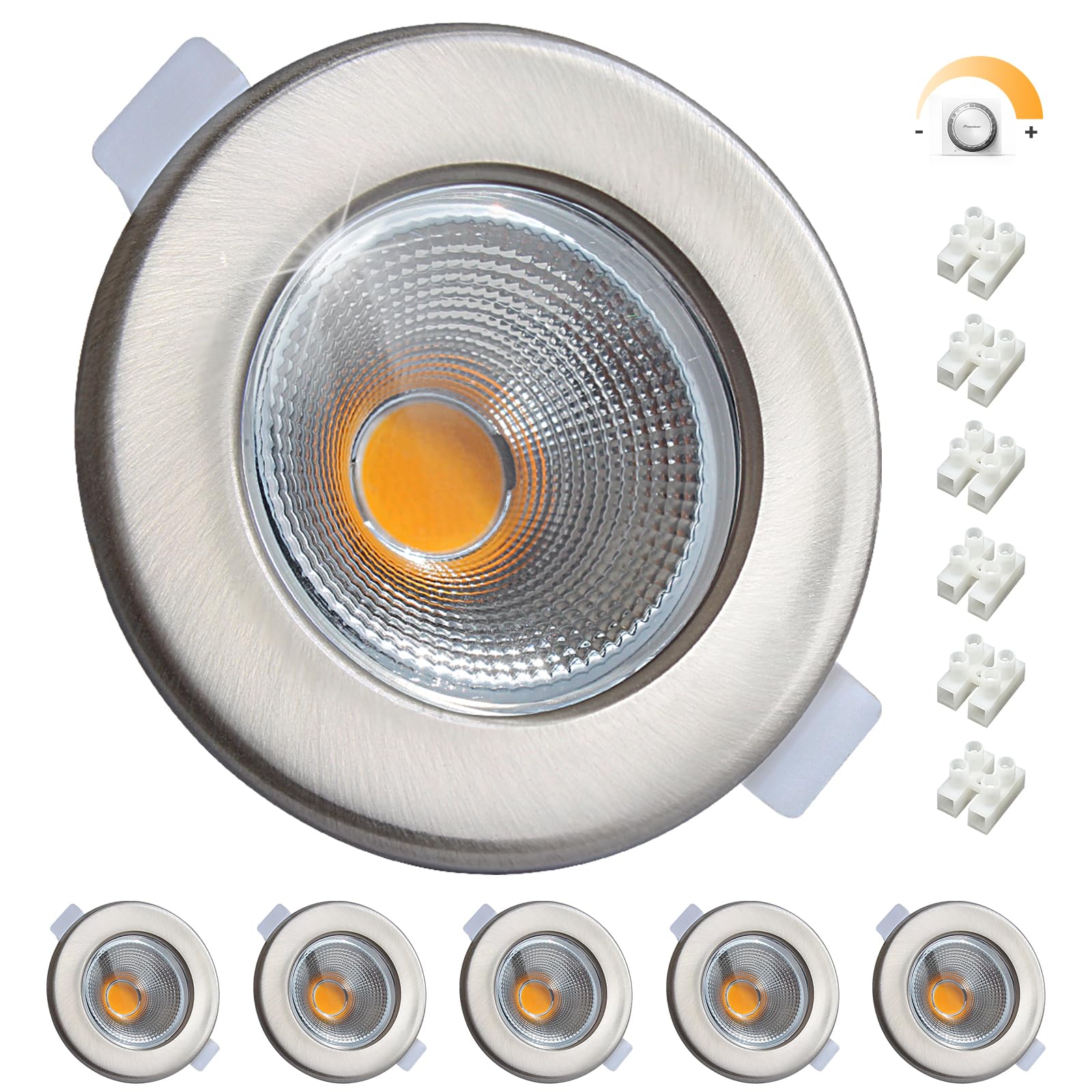 Wondlumi 6X 10W Downlights for Ceiling Dimmable, Ultra Slim Recessed Ceiling Lights Warm White 3000K, Round Brushed Chrome LED Spot Light for Bedroom Living Room