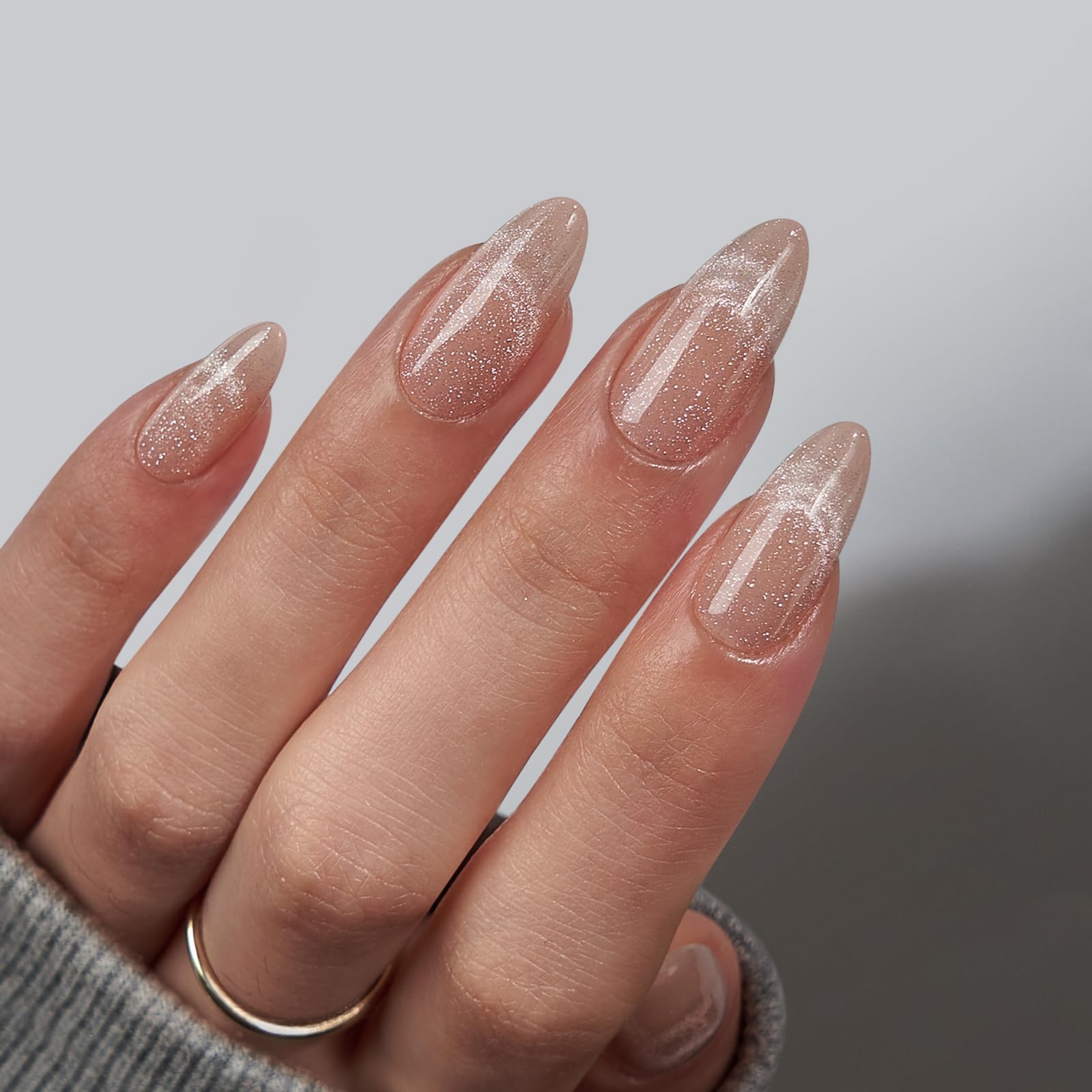 Photo 1 of BTArtbox Almond Press On Nails Medium - Lamp-Curable Cat Eye Press On Nails with Glue for Women, Semi-Transparent Soft Gel Glue On Nails in 15 Sizes - 30 Stick On Nails Kit, Sunlit Shimmer