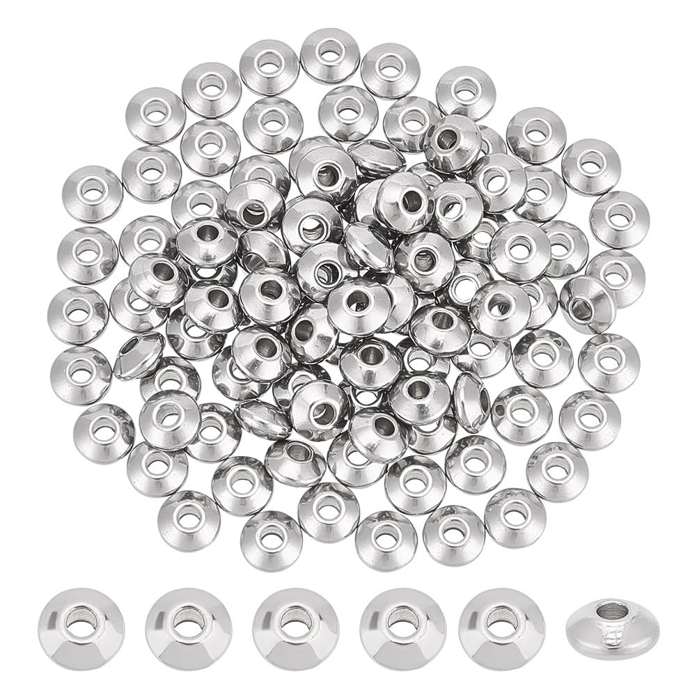 UNICRAFTALE 100Pcs 6mm Stainless Steel Spacer Beads Flat Round Beads Saucer Beads Loose Beads Rondelle Beads Smooth Beads Metal Beads Finding for DIY Bracelet Necklace Jewelry Making