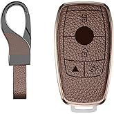 Aluminum & Leather Key Fob Cover for Mercedes Benz, Full Protector Key Case Shell with Keychain for GLC GLA GLS GLB GLE AMG CLA CLE CLS A B E Class (for Benz A Brown 4 Button)