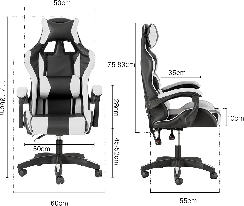 Gaming-Stuhl, ergonomischer Bürostuhl, gepolstert Gaming Sessel mit bequemer, Verstellbarer Rückenlehne, Gamer Chair mit Kopfstütze und Lendenwirbelstütze, Weiß