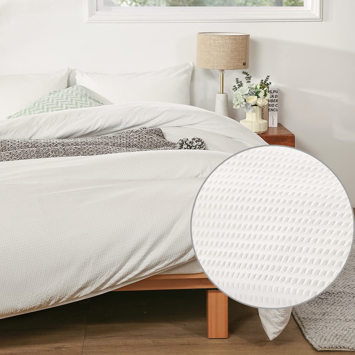 DuShow Waffle Duvet Cover King,Seersucker Soft White Duvet Cover King,3 Pieces White Bedding Sets,Lightweight Luxury Hotel Quality Bedding Set with Zipper Closure,Corner Ties — image 1
