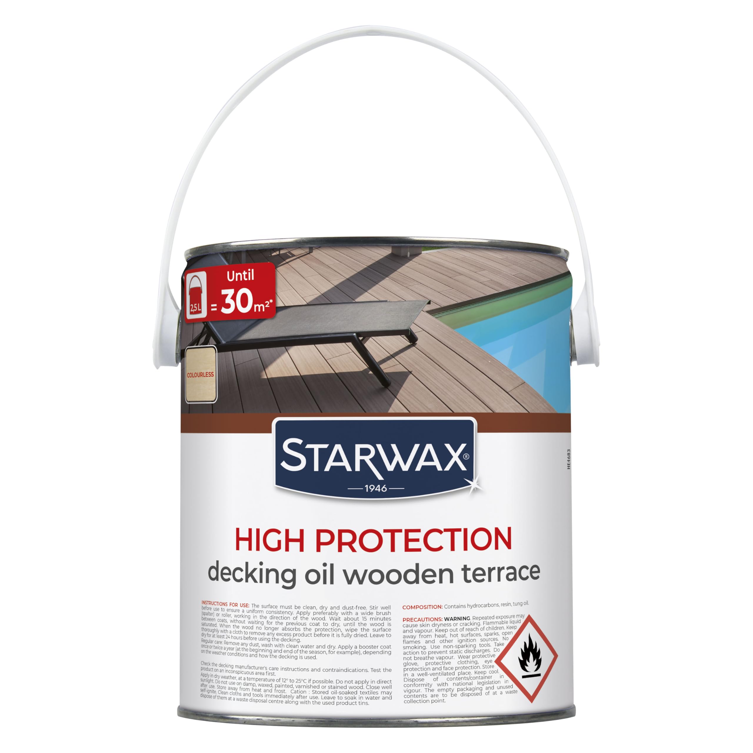 STARWAX - High-Protection Saturator for Wooden Decking - Nourishes, Enhances and Protects - Anti-Stain and Anti-Grease - Enriched in Tung Oil - Protects From UV Rays and Water - Colourless - 2.5L