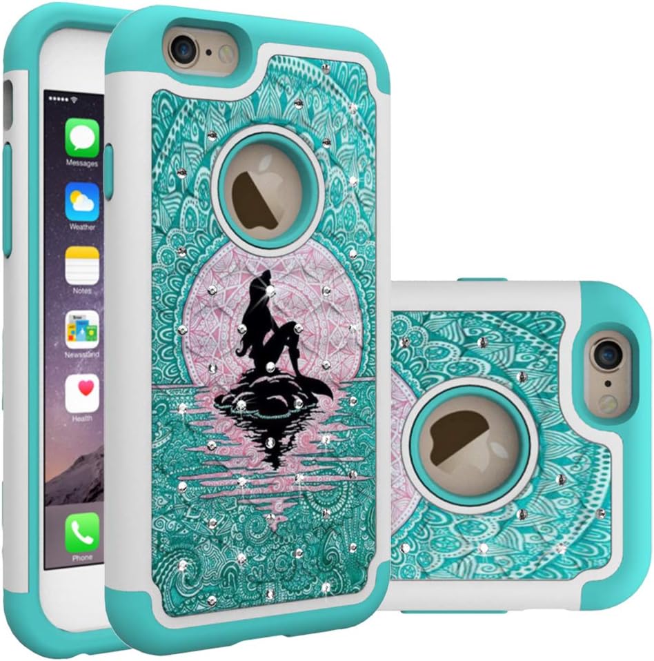 iPhone 6S Case, iPhone 6 Bling Case, Mermaid with Moon Pattern Heavy Duty Shockproof Studded Rhinestone Crystal Bling Hybrid Case Silicone Protective Armor for Apple iPhone 6S iPhone 6