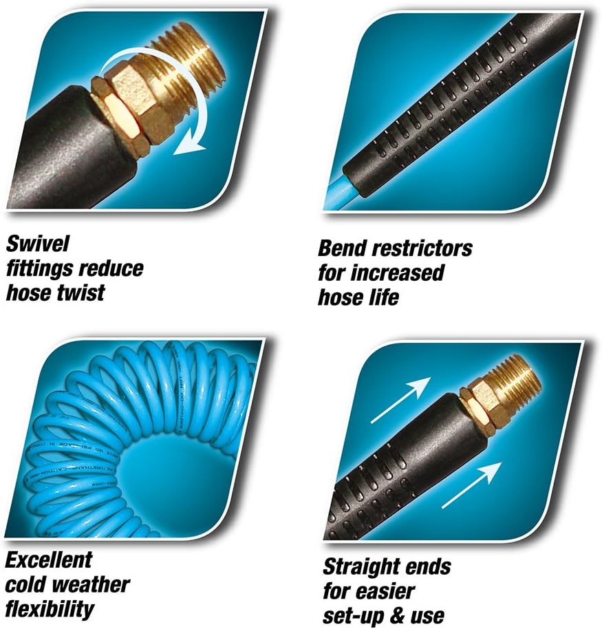 WYNNsky 25 Feet Polyurethane Coiled Air Compressor Hose, 1/4 Inch MNPT Brass Swivel Air Fittings with Bend Restrictor - - 