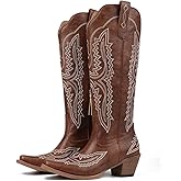 Meefit Cowboy Boots for Women Knee High Cowgirl Boots Pointed Toe Chunky Heel Western Boots,Retro Country Boots,Vintage Tall Boots