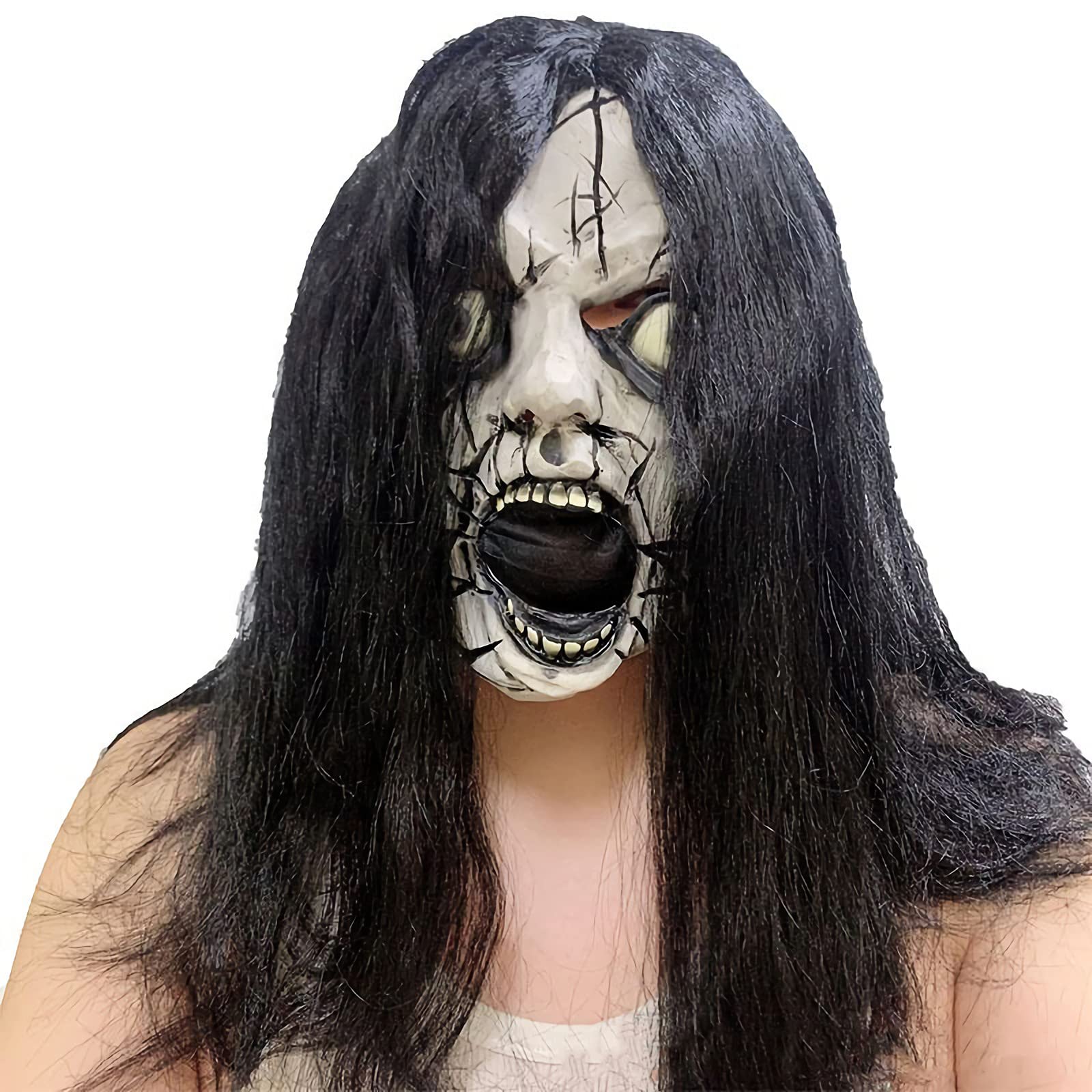 Qchomee Halloween Scary Mask Vampire Witch Ghost Latex Full Head Mask with Hair Novelty Headwear Fancy Dress Horror Devil Zombie Facewear for Men Women Cosplay Costume Party Props