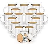 AGH 16pcs 11 oz Sublimation Mugs Blanks, White Coffee Ceramic Mugs Bulk, Plain Mug Cups for Sublimation with Bamboo Lids and Stainless Steel Spoon For Coffee, Soup, Tea, Milk, Latte