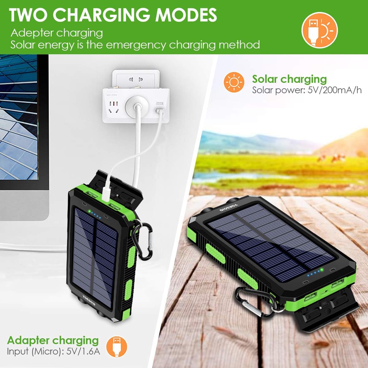 Solar Charger 20000mAh YOESOID Portable Solar Power Bank Outdoor Waterproof Camping External Backup Battery Pack with Dual USB Ports 2 LED Light Carabiner and Compass, Compatible Most Smart Phones