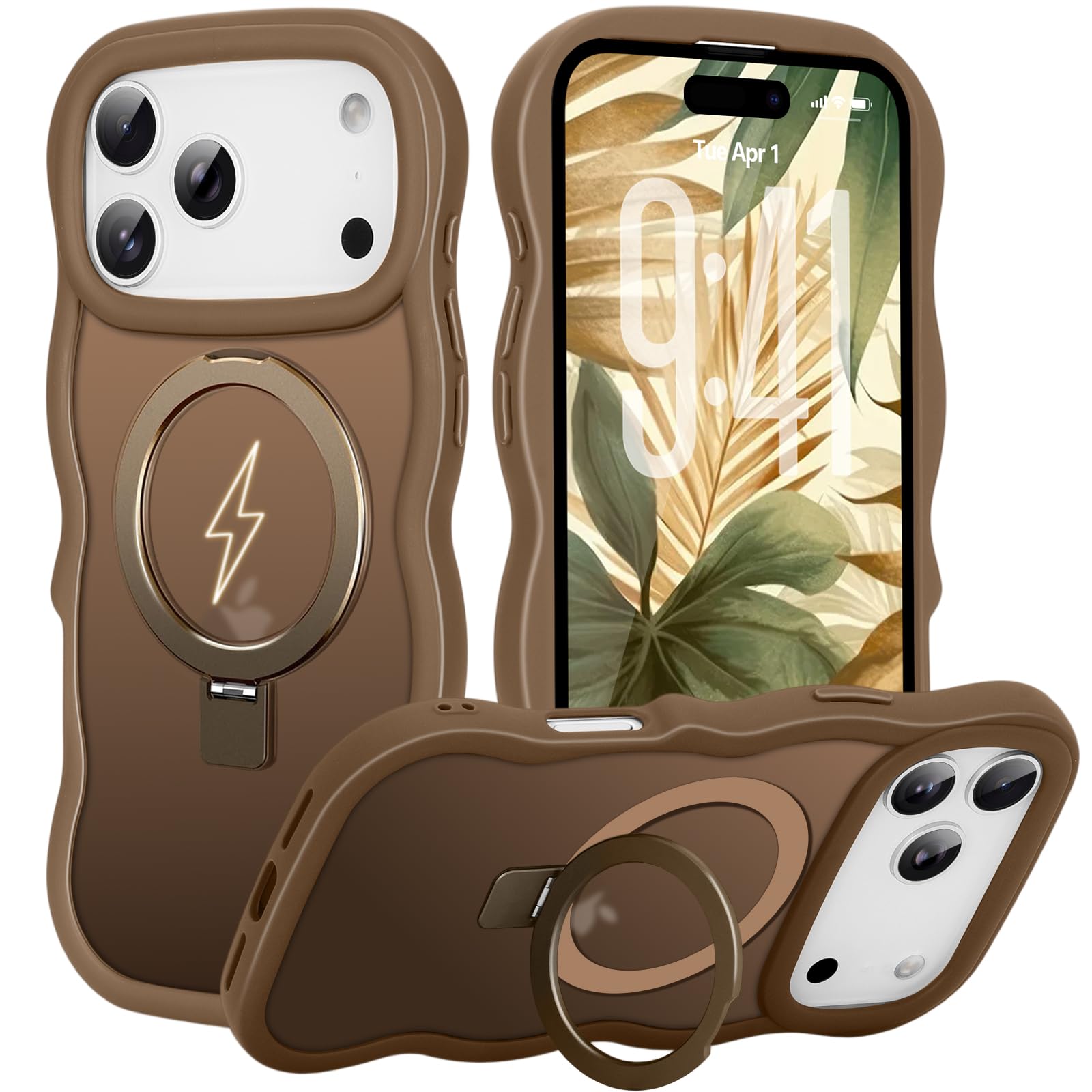 Nzenguer Magnetic for iPhone 17 Pro Max Case, Compatible with MagSafe Built-in Invisible Kickstand Wavy Frame Cute Translucent Matte Back Shockproof phone case for iPhone 17 Pro Max Women Grils, Brown