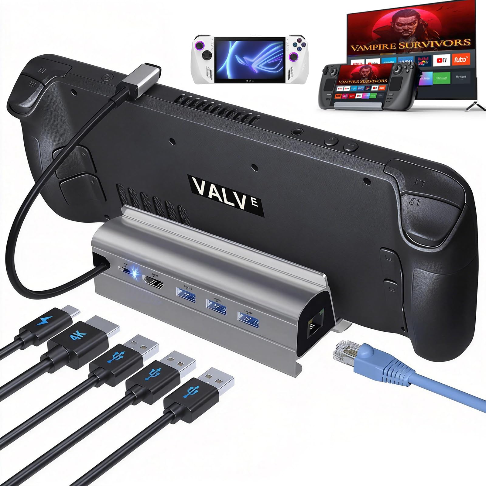 Photo 1 of Docking Station for Steam Deck ROG Ally, 6 in 1 Stream Deck Dock with HDMI 2.0 4K@60Hz, 1000Mbps Gigabit Ethernet, 3 USB-A 3.0 and 100W Full Speed Charging USB-C Port Compatible with Valve Steam Deck