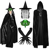 Jansun 4 PCS Halloween Witch Costumes, Hooded Cape Witch Hat Old Foam Goblin Half Face Eagle Nose Sorceress Mask Black Long Paw Gloves Cloak Horror Wizard Dress Up Halloween Cosplay Costume