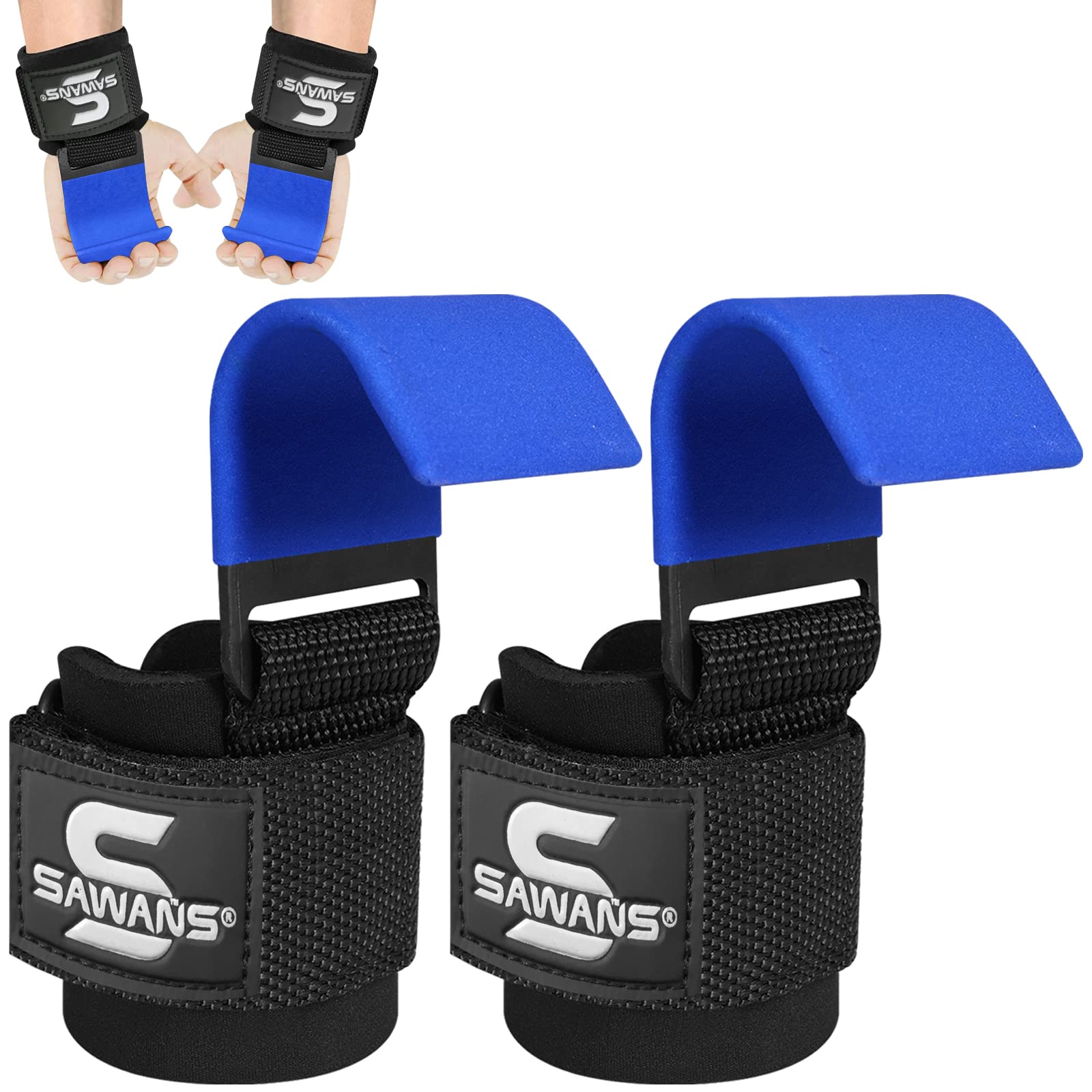 Lifting Hooks Non-Slip Coated Heavy Duty Solid Steel Neoprene Thick Padded Wrist Support Pair of Weight Lifting Gym Straps Deadlifts Chin Pull Up Fitness Bar Grip Strength Training Equipment (Blue)