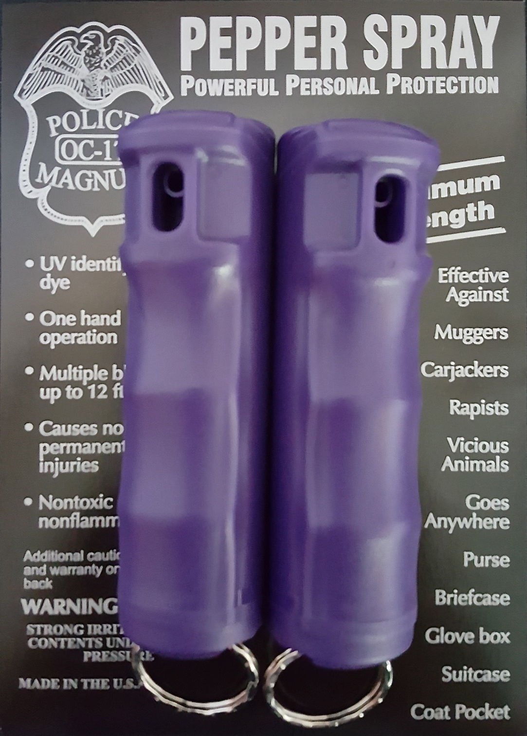 2 POLICE MAGNUM PEPPER SPRAY 1/2oz PURPLE Flip Top Molded Keychain