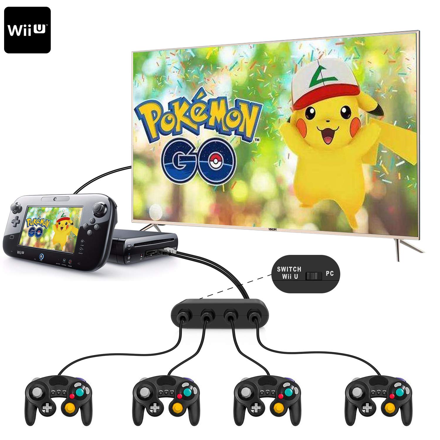 Switch Gamecube Controller Adapter, Super Smash Bros Gamecube Adapter for Nintendo Switch, Wii U and PC USB with 4 Ports - Plug & Play, No Drivers Needed