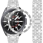 DEALELE Bands Compatible with Samsung Galaxy Watch 3 (45mm), 22mm Full Rhinestone Diamond Stainless Metal Strap with Bezel Ring Cover Replacement for Women Men (Silver)