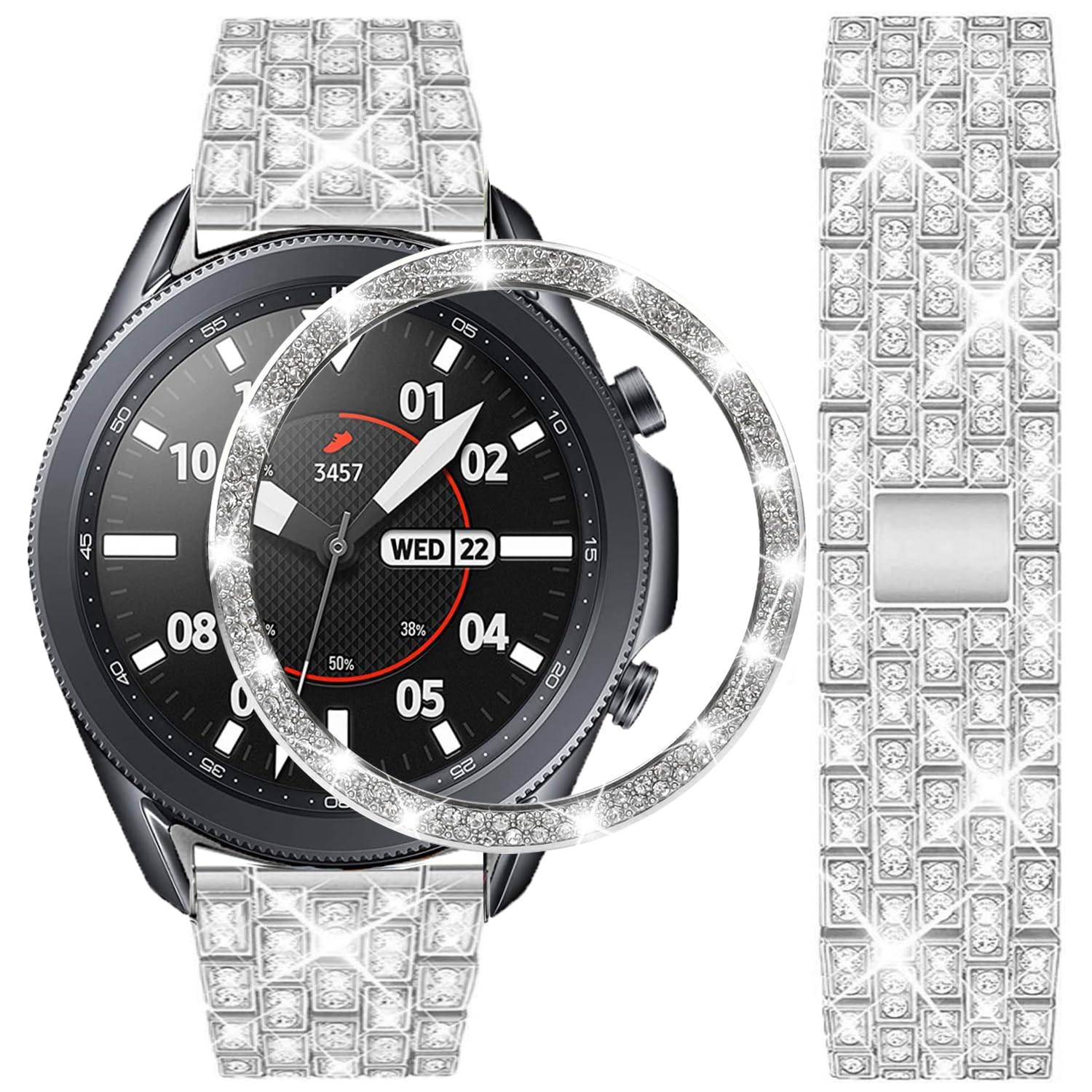 DEALELE Strap Compatible with Samsung Galaxy Watch 3 45mm, 22mm Full Diamond Stainless Steel Metal Strap with Strass Bezel Ring Cover Replacement for Women Men, Silver