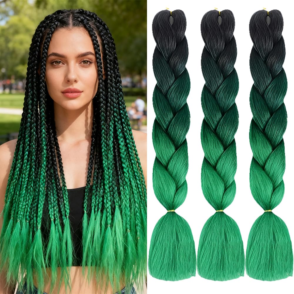 ShowJarlly Box Braid Hair Extensions, 24inch Black/Blackish Green/Dark Green ​Ombre Jumbo Braid Hair, 3Packs Synthetic Jumbo Braiding Hair Extension Afro Hair Extensions for Crochet Twist Braids