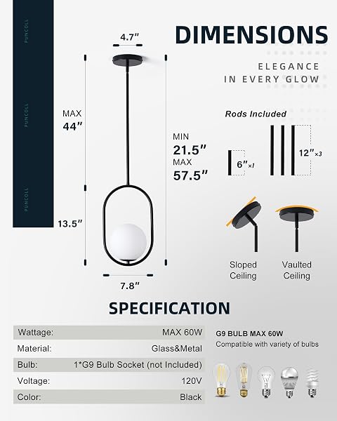 PUNCOLL BLACK PENDANT LIGHTS – 1-LIGHT PENDANT LIGHTS KITCHEN ISLAND WITH MILKY WHITE GLOBE GLASS – MID CENTURY PENDANT LIGHT FIXTURES – BLACK HANGING LIGHTS FOR KITCHEN H9376-MGBK
