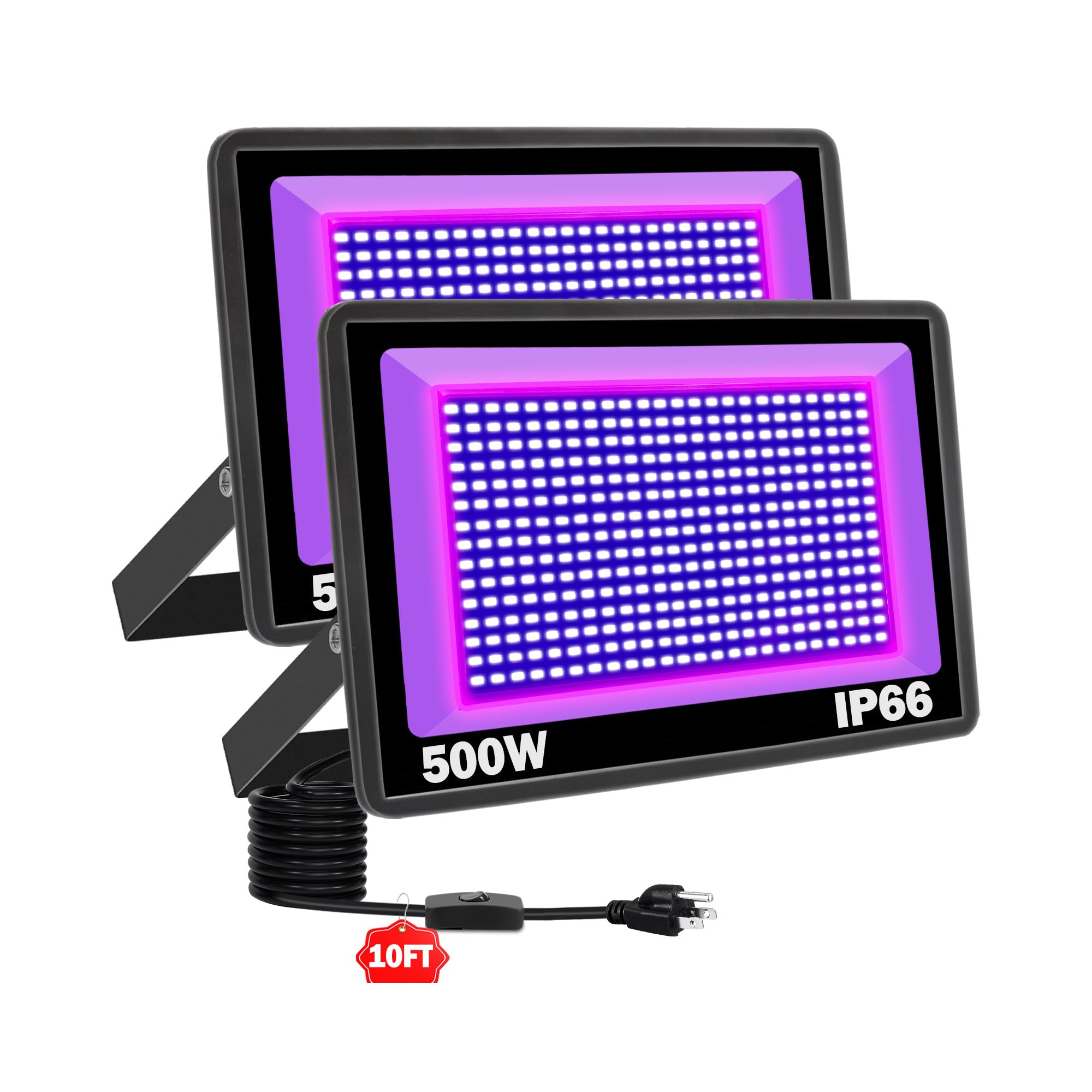 Photo 1 of ***FOR PARTS ONLY/NON-FUNCTIONAL**** NEWREACH 2 Pack 500W LED Black Light, IP66 Waterproof Outdoor Blacklight Flood Light Spotlight with Plug, Switch, Cord for Neon Glow Party Fluorescent Poster Body Paint Stage Lighting Halloween Decor