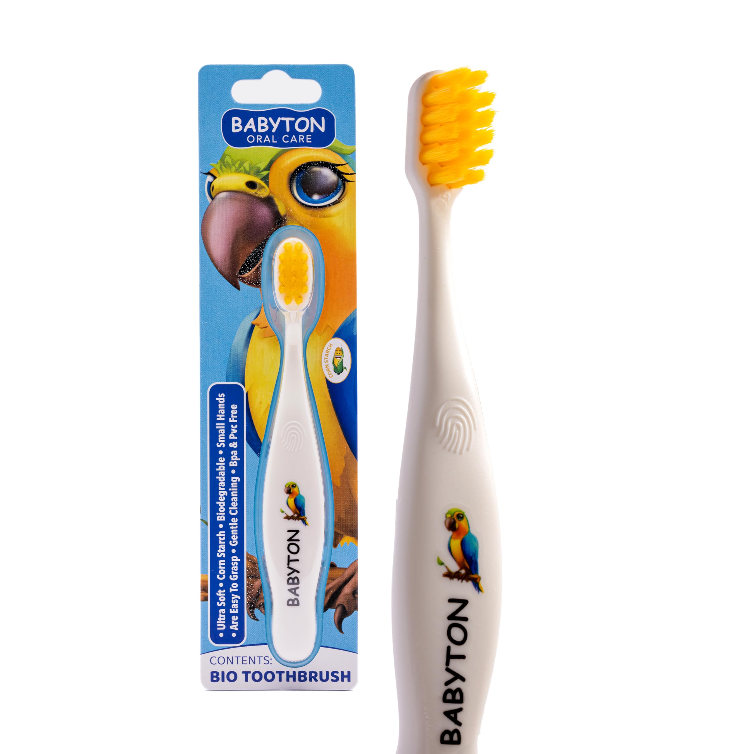 Babyton Bio Toothbrush - Eco-Friendly, Soft Bristles for Babies, Ergonomic Handle, Biodegradable Corn Cob Material (Parrot)