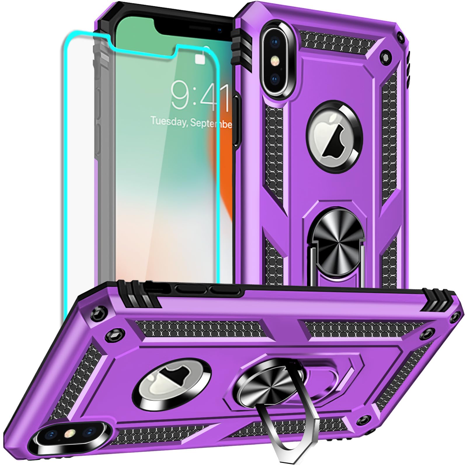 for iPhone X Case, iPhone Xs Case with Screen Protector, Silicone Shockproof Military Grade Protective Phone Cover with Ring Kickstand for Apple iPhone X/Xs (Purple)