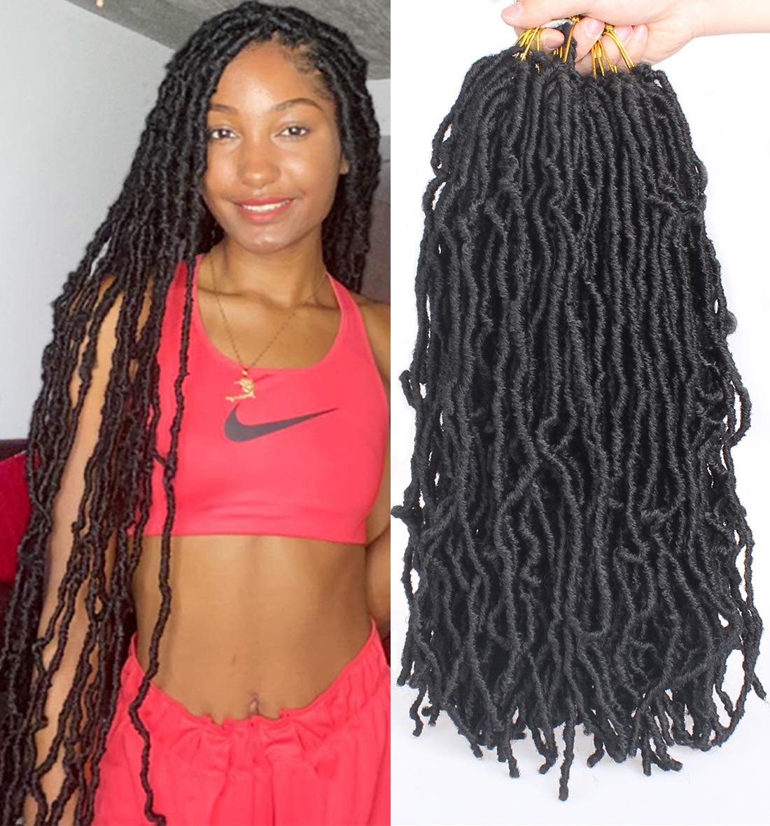 Leeven 24 Inch Long Messy Faux Locs Crochet Braids Hair 7 Packs Natural Black Distressed Faux Soft Locs Crochet Hair 18 Strands/Pack Pre-looped Goddess Locs Crochet Braiding Hair — image 1