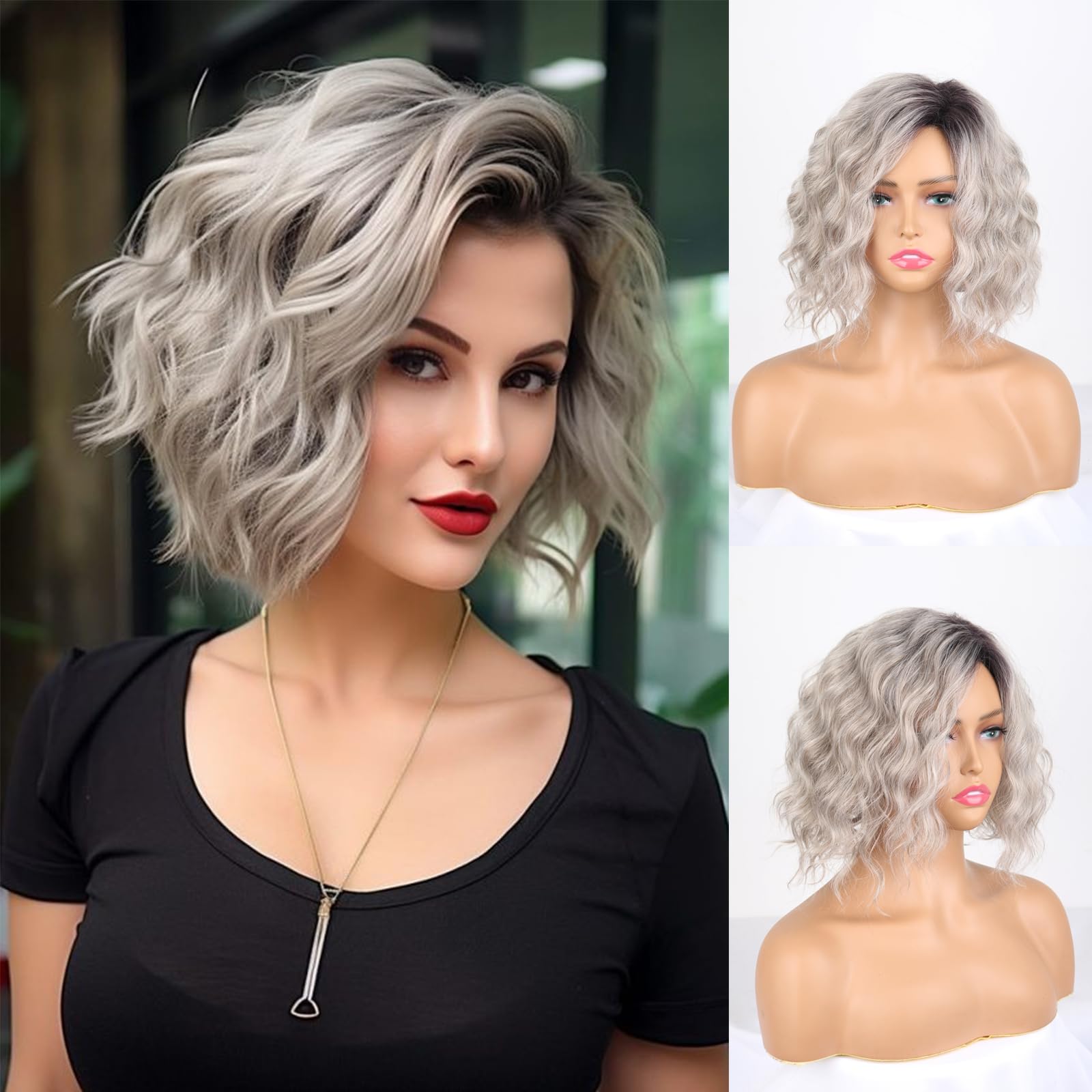 Photo 1 of Matthia Short Curly Wavy Bob Wigs for White Women Ombre Grey Ash Blonde Bob Synthetic Wavy Wig with Dark Roots Short Hair Realistic Wigs for Women (Ombre Grey Mixed Brown)