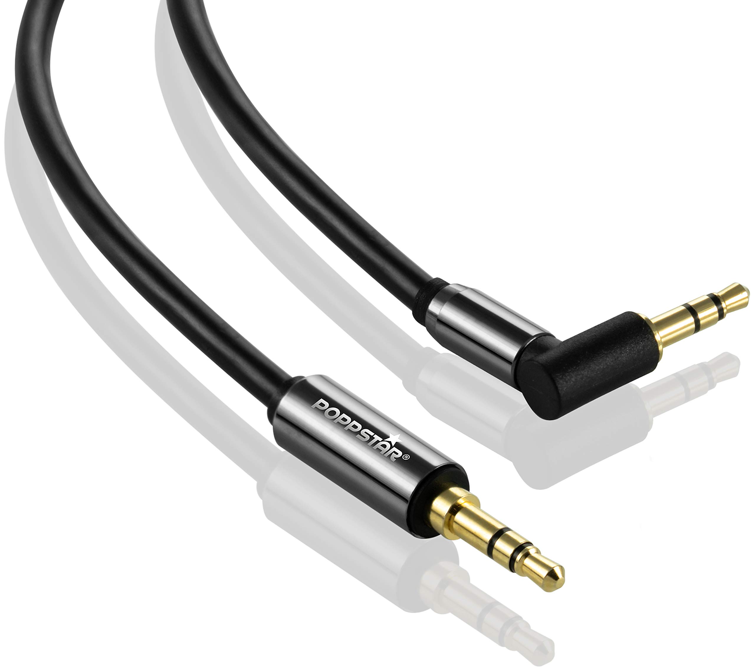 POPPSTAR 3m AUX 3.5mm Stereo Audio Cable (straight to angled 90°, gold plated), speaker cable for headphones, smartphone, MP3 player, car radio, black