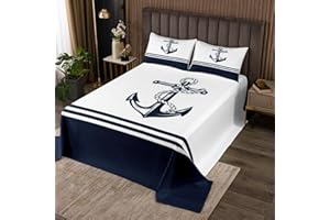 jejeloiu Anchor Decor Bedspread King Size Kids Nautical Themed Quilted Coverlet for Boys Teens Ocean Coastal Coverlet Set Breathable Sea Adventure Navy Blue White Quilted Room Decor